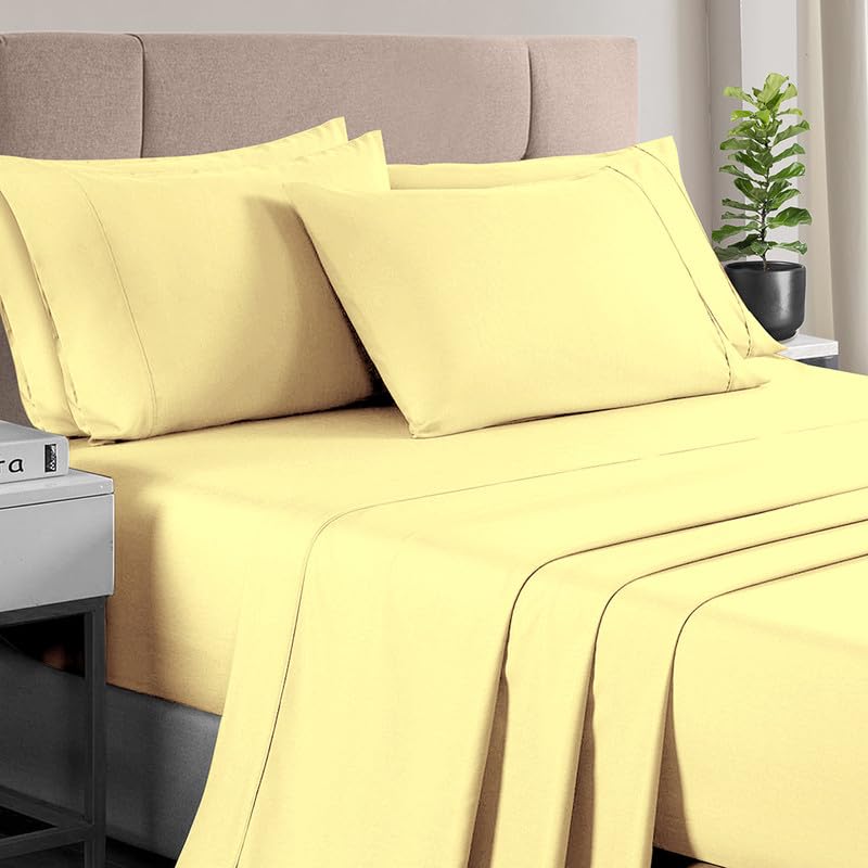 Cotton Sheets Set Queen with 4 Cases 400 Thread Count Mellow Yellow
