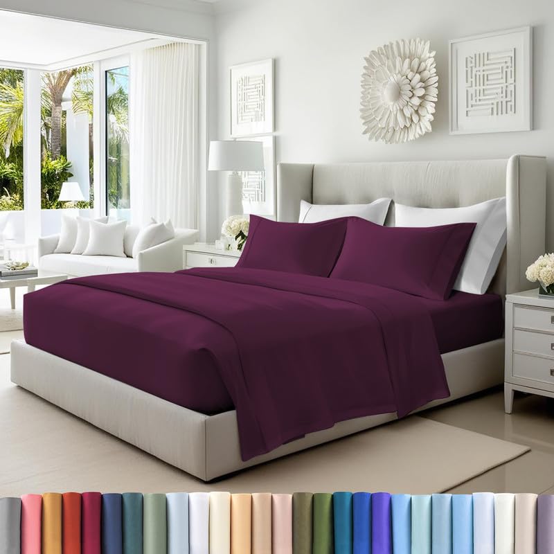 100% Cotton Sheets Set California King 400 Thread Count Berry Plum