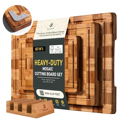 3 Pack Heavy Duty Bamboo Cutting Board Set Non Toxic Wooden Cutting Board for Kitchen Non Slip Solid End Grain Thick Wood Juice Groove Chopping Board Extra Large Butcher Block Best House Warming Gift (3 Count)