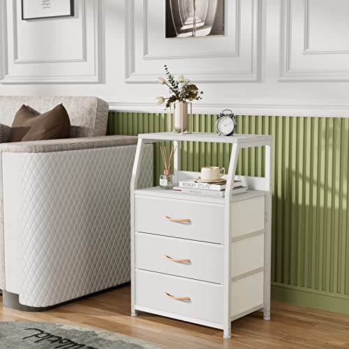 White Night Stand with 3 Fabric Drawers