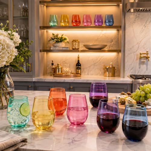 European Style Tritan Acrylic Stemless Wine Glasses Bright Colors (6 Count)