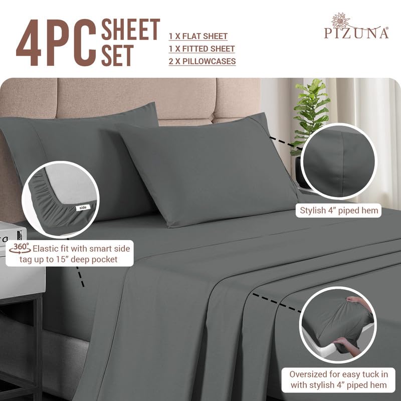 100% Cotton Sheets Set King 400 Thread Count Dark Grey