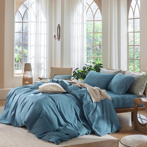 Duvet Cover Set 100% Washed Cotton Linen Like Super King