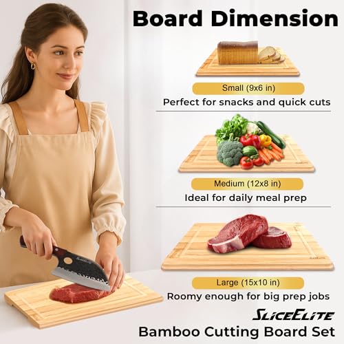 Bamboo Cutting Board Set of 3 Wooden Cutting Boards for Kitchen with Juice Grooves Side Handles Bamboo Chopping Boards for Meat Vegetables Fruit Bread Charcuterie Meal Prep Serving Tray Set (3 Count)