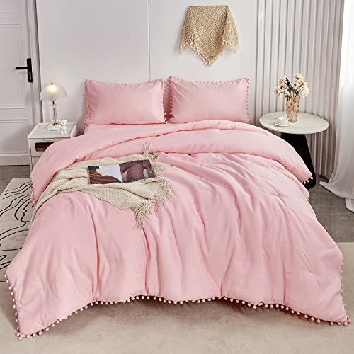 Girls Pink Comforter Set King Size Boho Farmhouse Pom Pom Light Pink Bed Sets Soft Washed Microfiber Lightweight Bed in a Bag for All Seasons