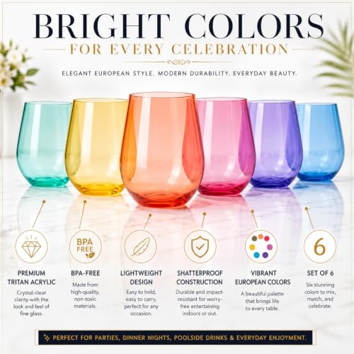 European Style Tritan Acrylic Stemless Wine Glasses Bright Colors (6 Count)