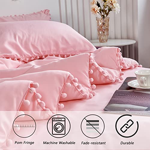 Girls Pink Comforter Set King Size Boho Farmhouse Pom Pom Light Pink Bed Sets Soft Washed Microfiber Lightweight Bed in a Bag for All Seasons