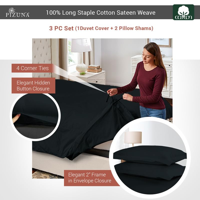 100% Cotton Queen Duvet Cover Set 400 Thread Count Black