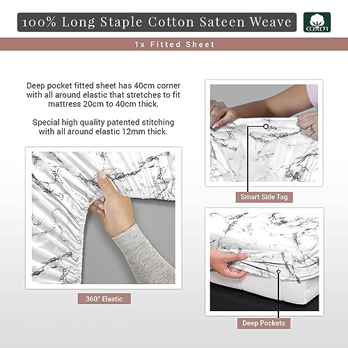 100% Cotton Marble Print Full Fitted Sheet 400TC White