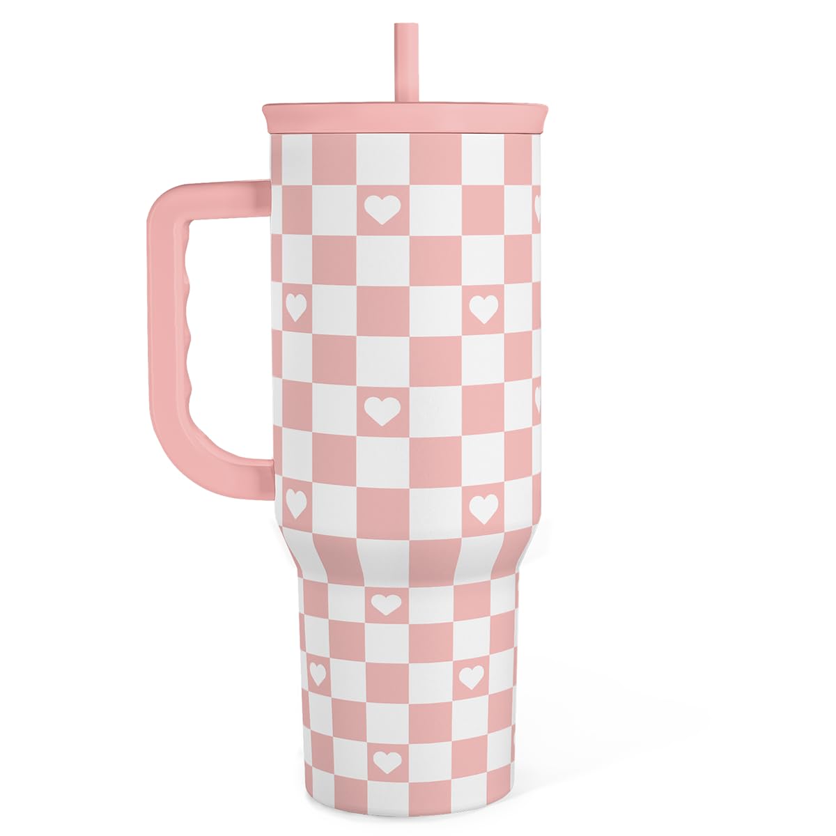 40oz Checkered and Heart Tumbler with Handle and Straw