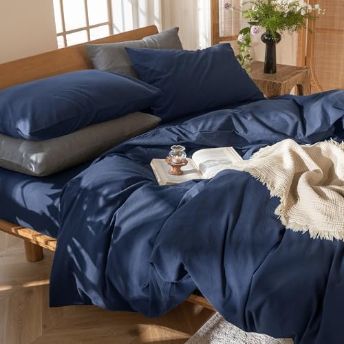Duvet Cover Set 100% Washed Cotton Linen Like Queen (3 Count)