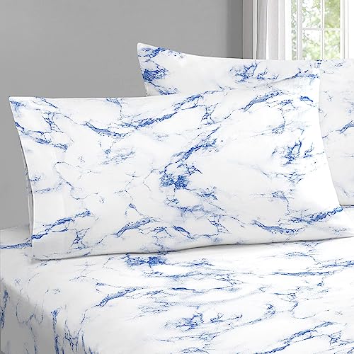 100% Cotton Carrara Marble Print King Pillowcases 400TC Blue (2 Count)
