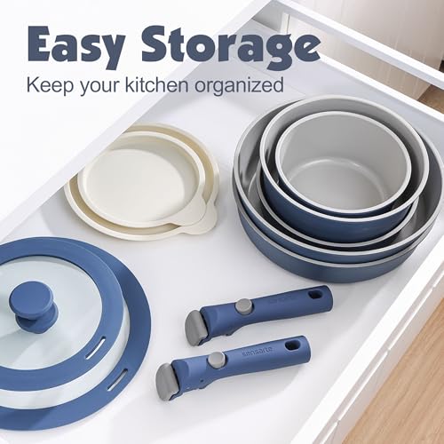 24 Piece Ceramic Detachable Handle Pots and Pans Set Navy