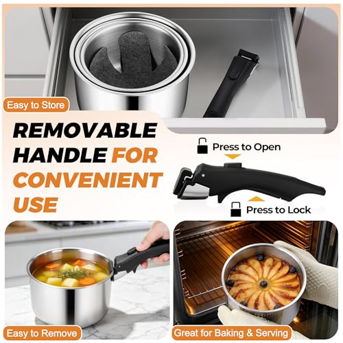 Tri Ply 9Pcs Cooking Pots and Sauce Pans Set with Removable Handle (3 Count)