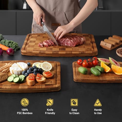 3 Pack Bamboo Cutting Board Set Non Toxic Wooden Cutting Board for Kitchen Non Slip Solid End Grain Thick Wood Juice Groove Chopping Board Edge Grain Teak Smart Marble Flexible Round Stone Metal (3 Count)