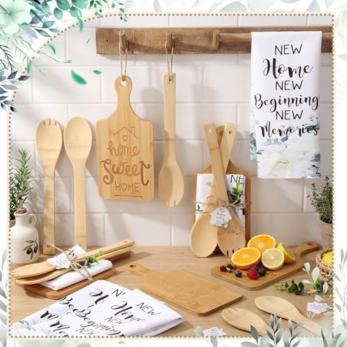 93 Pcs Housewarming Gifts Bulk Engraved Cutting Board New Home Beginning Kitchen Towels Cards Bamboo Spoons House Warming Gift Set for Homeowner Neighbor Couple Apartment Kitchen (93 Count)