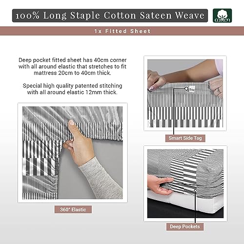 100% Cotton Cascade Stripe Print Twin XL Fitted Sheet 400TC Grey