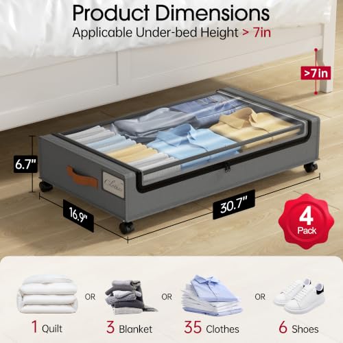 4 Pack Under Bed Storage with Wheels (4 Count)