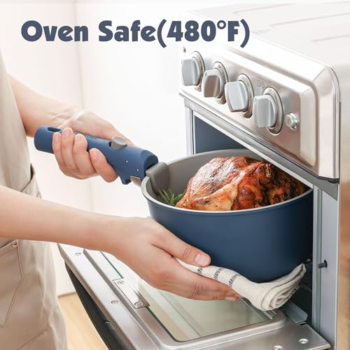 24 Piece Ceramic Detachable Handle Pots and Pans Set Navy