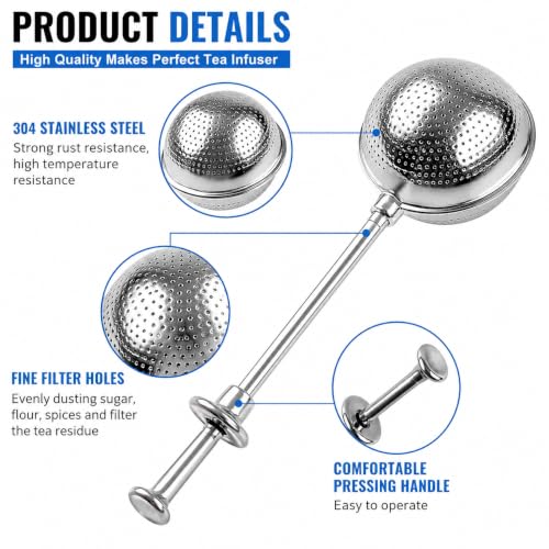 2-Pack Long-Handled Tea Strainer for Loose Tea, Extra Fine Mesh Stainless Steel Tea Infuser, Push-Style Loose Leaf Tea Steeper, Easy Clean Loose Tea Filter