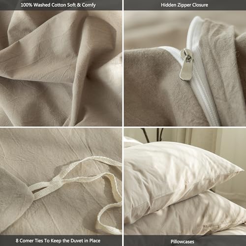 Duvet Cover Set 100% Washed Cotton Linen Like Super Queen (3 Count)
