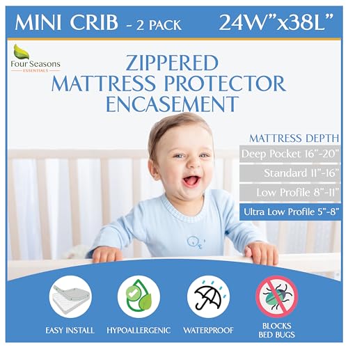2 Pack Mini Crib Mattress Protector Waterproof Zippered Encasement Cover for Baby (2 2)