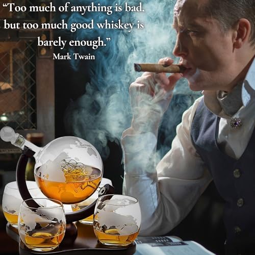 Whiskey Decanter Globe Set with 4 Etched Globe Whisky Glasses Gifts For Men Dad