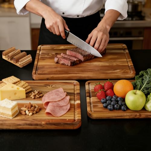 3 Pack Teak Cutting Board Set for Kitchen Wood Charcuterie Board with Juice Groove Wooden Cutting Boards Non Toxic Heavy Duty Slip Over Sink Solid Thick Chopping Board FSC (3 Count)