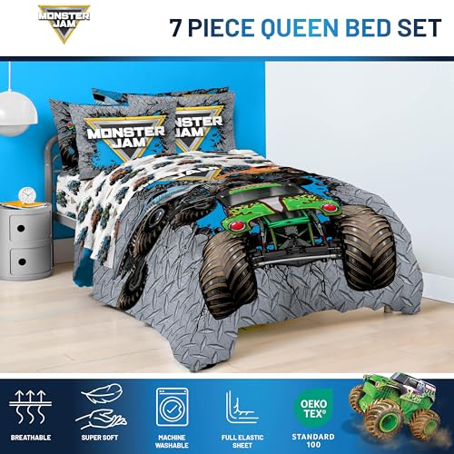 Monster Jam Queen Comforter Set 7 Piece Kids Bedding for Boys