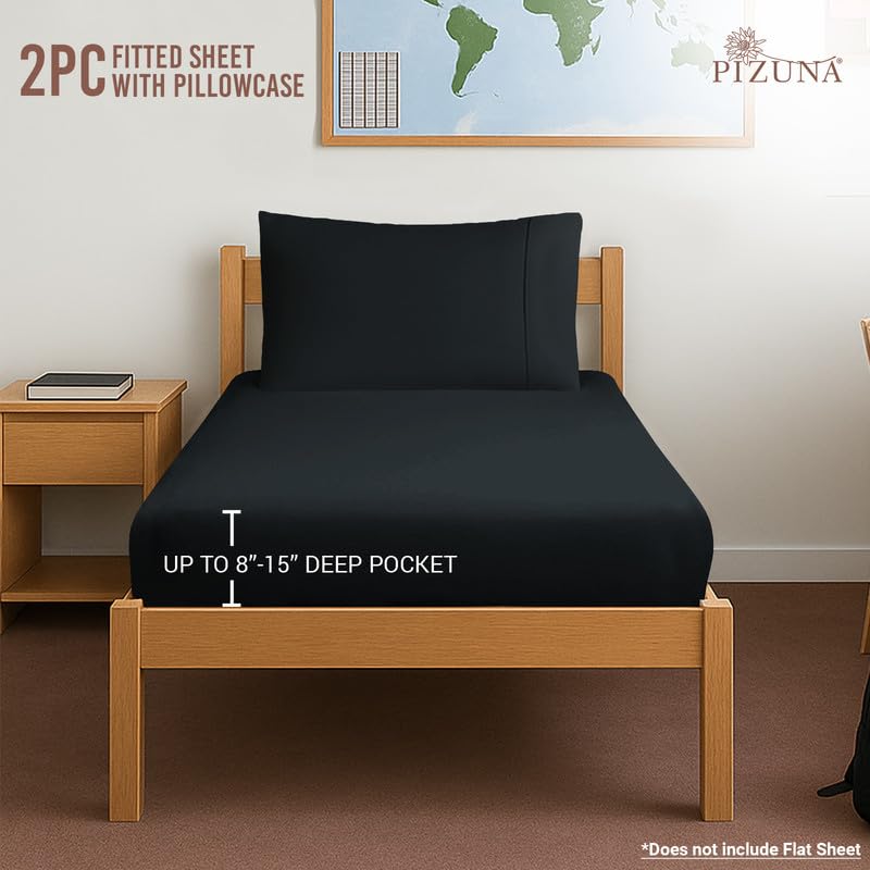 Cotton Twin XL Fitted Sheet + 2 Pillowcases Set 400TC Black