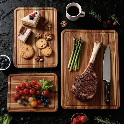 3 Pack Teak Cutting Board Set for Kitchen Wood Charcuterie Board with Juice Groove Wooden Cutting Boards Non Toxic Heavy Duty Slip Over Sink Solid Thick Chopping Board FSC (3 Count)