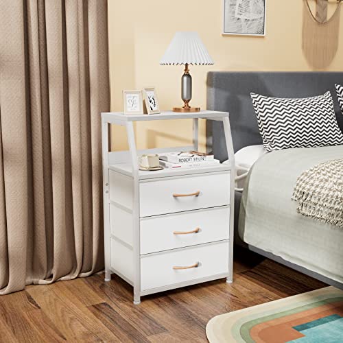 White Night Stand with 3 Fabric Drawers