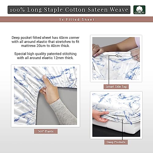 100% Cotton Carrara Marble Print Queen Fitted Sheet 400TC Blue