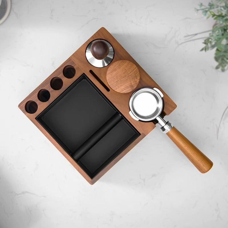 MOJAE 9-in-1 Espresso Knock Box and Espresso Tamper Station,Fits for 51-58mm Portafilter,Tamper and Distributor,Espresso Machine Accessories Organizer (Walnut)