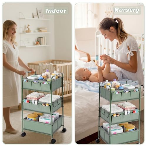 3 Tier Green Baby Diaper Caddy Organizer Cart with 4+3 Dividers Large Capacity Metal Utility Bedside Rolling Cart Newborn Registry Nursery Essential Must Have Crib Bedroom Baby Shower