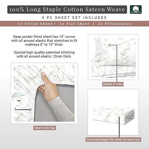 100% Cotton Carrara Marble Print Queen Sheets Set 400TC Taupe