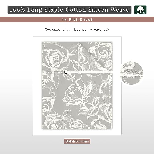 100% Cotton Simply Floral Print Twin XL Flat Sheet 400TC Silver
