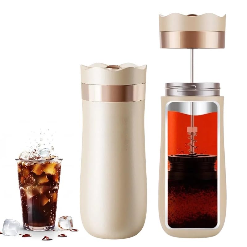 Travel French Press Coffee Maker 12oz Portable French Coffee Cup Double Walled Stainless Steel Vacuum Insulated Coffee Mug and Tea Maker Mini Vacuum Great for Camping and Traveling
