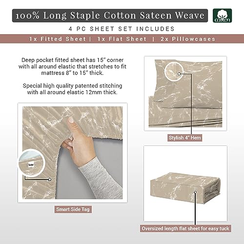 100% Cotton Marble Print RV King Sheets Set 400 Thread Count Taupe
