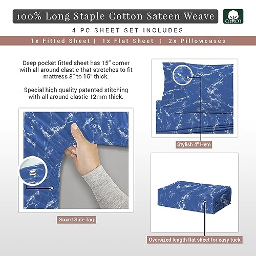 100% Cotton Marble Print Full Sheets Set 400 Thread Count Blue