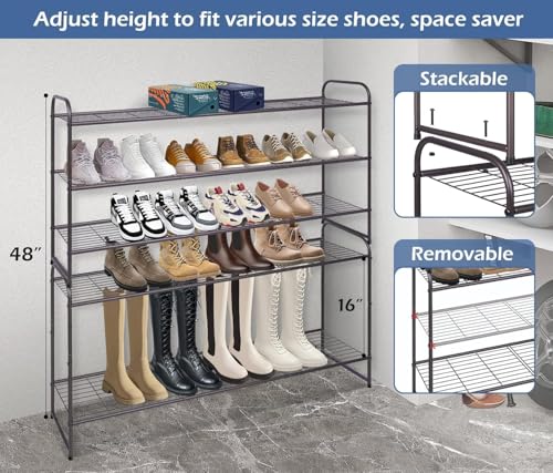 Long 3 Tier Shoe Rack for Closet Wide Shoe Storage Organizer Stackable Metal Shoe Shelf for 24 Pairs Men Sneakers with Wire Grid for Closet Floor