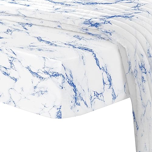 100% Cotton Carrara Marble Print King Fitted Sheet 400TC Blue