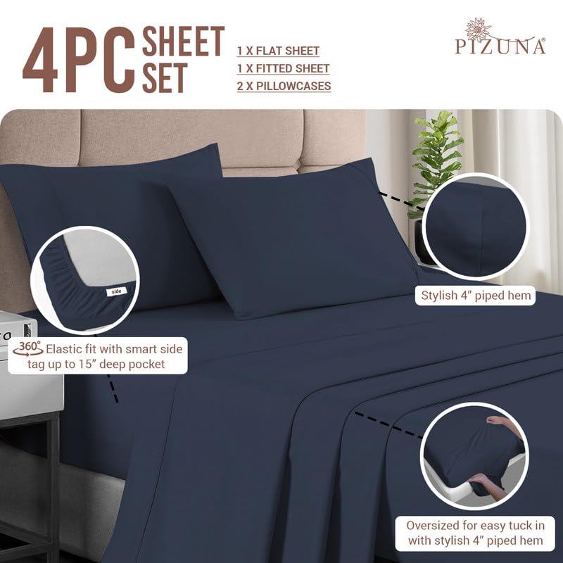 100% Cotton Sheets Set Queen 400 Thread Count Dark Blue