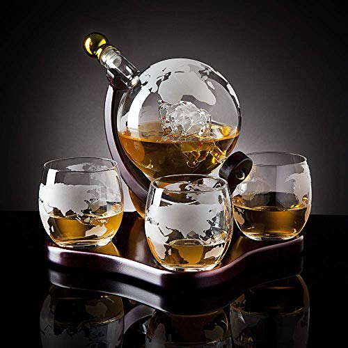 Whiskey Decanter Globe Set with 4 Etched Glasses for Liquor