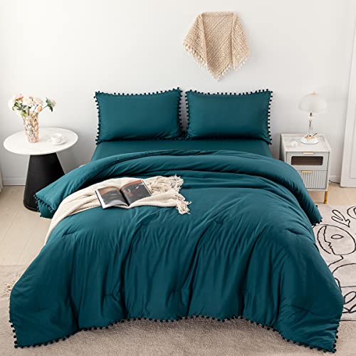5 Pcs Teal Comforter Set King Aesthetic Boho Pom Pom Fringe Comforter with Sheets Ultra Soft Cute Lightweight Bed Sets for All Season