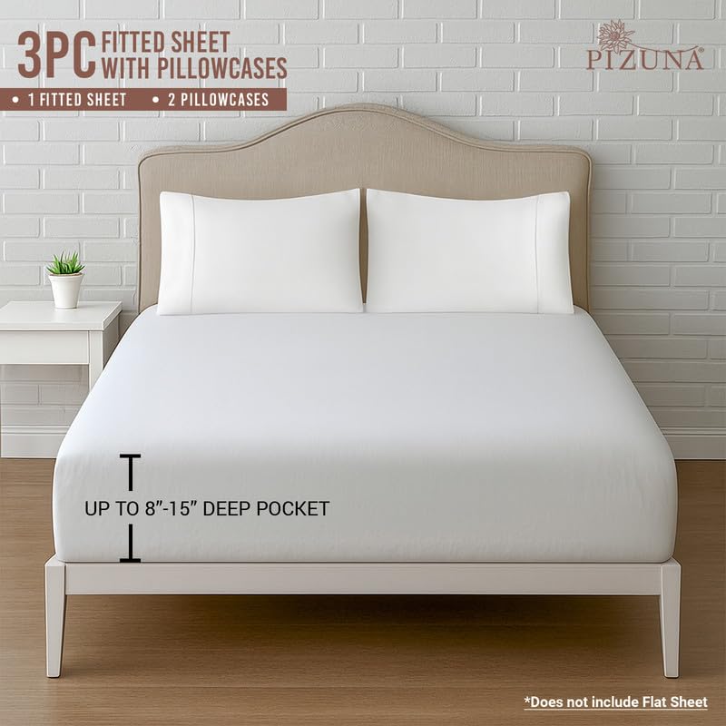 Cotton Full Fitted Sheet + 2 Pillowcases Set 400 Thread Count White