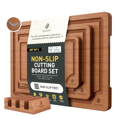 3 Packs Bamboo Cutting Board Set with Non Slip Feet Holder and Over Sink Nice Solid Thick Wood Juice Groove Chopping Board Extra Large Big Small Best Hardwood Kitchen Organic Vegetable Meat BBQ Kit (3 Count)