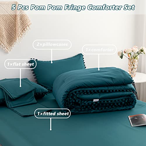 5 Pcs Teal Comforter Set King Aesthetic Boho Pom Pom Fringe Comforter with Sheets Ultra Soft Cute Lightweight Bed Sets for All Season