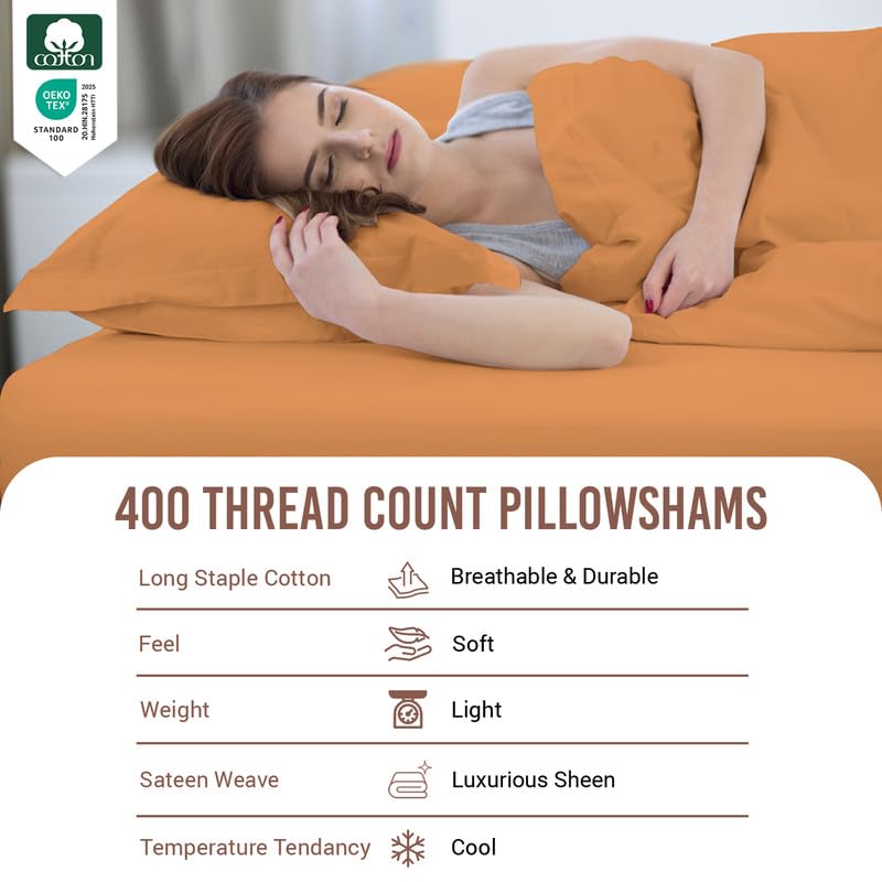 100% Cotton King Pillow Shams 400 Thread Count Apricot Orange (2 Count)
