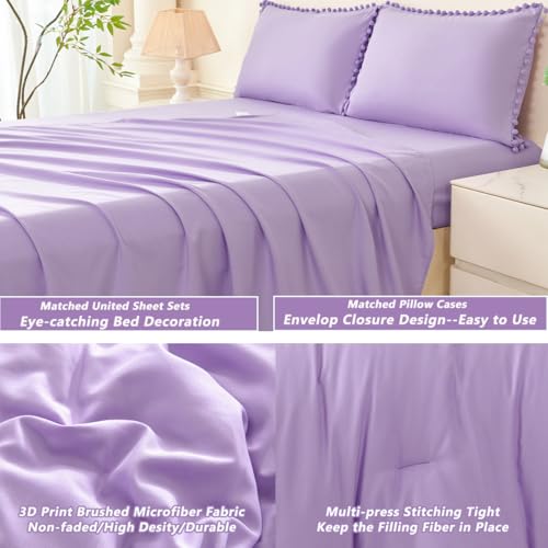 5 Pieces Queen Bed in a Bag Light Purple Pom Pom Comforter Sets Cozy Fluffy Boho Bedding Set for Girls Soft Microfiber Solid Bedding Comforter Set with Sheets